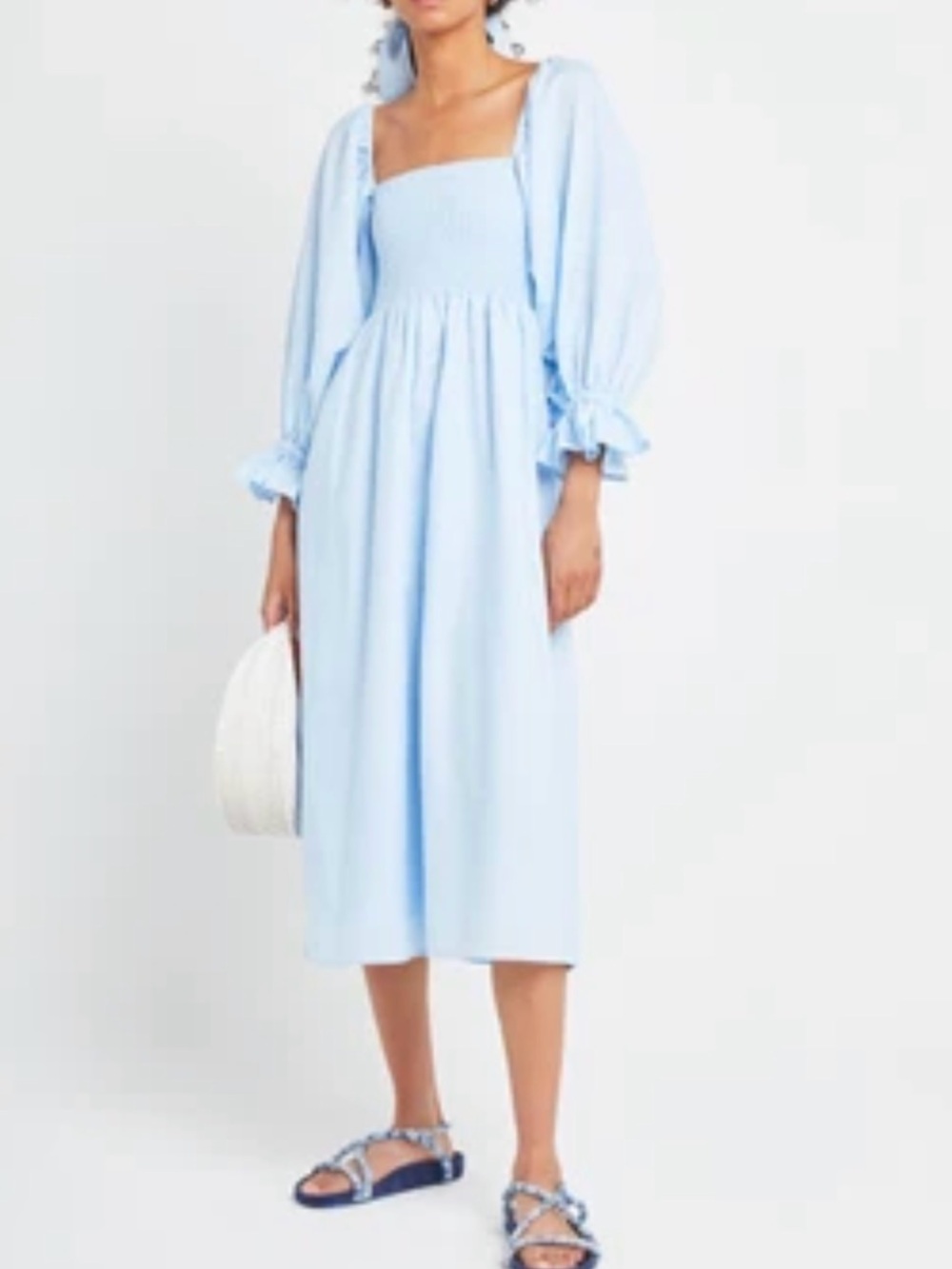 Light Blue Puff-Sleeve Smocked Midi Dress
